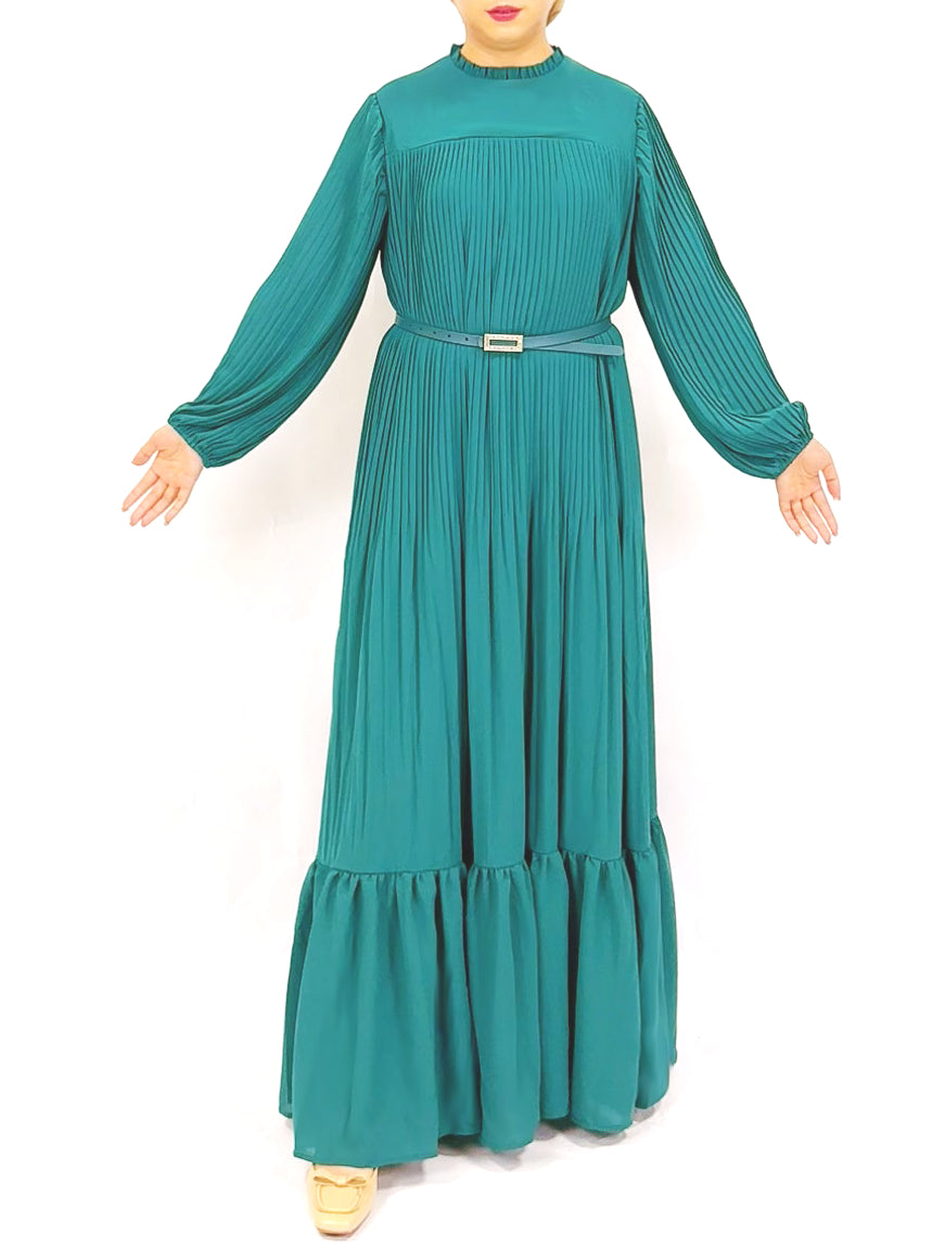 Muslim Black Green Pleated Abaya Dress