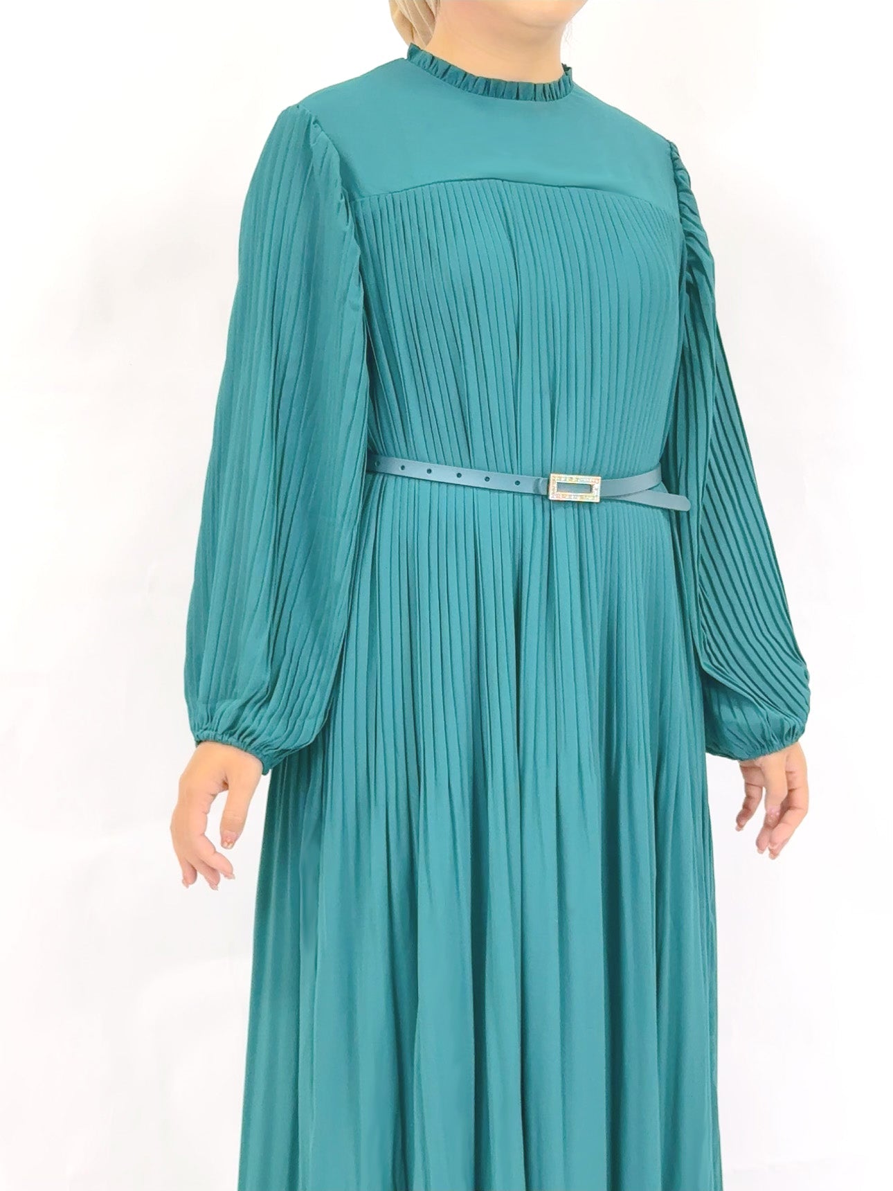 Muslim Black Green Pleated Abaya Dress