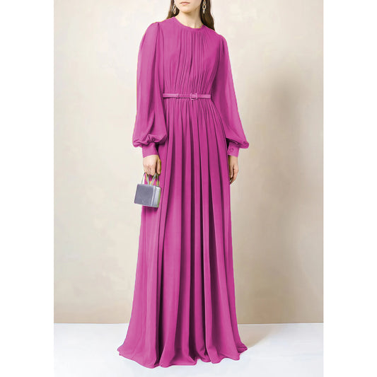 Solid Chiffon Belted Abaya Dress - Rosepink