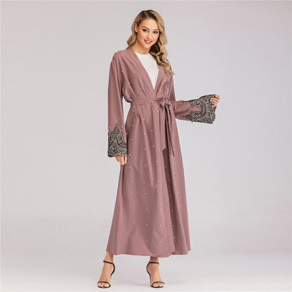 Women's Long Sleeve Embroidery Beaded Robe Dress