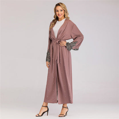 Women's Long Sleeve Embroidery Beaded Robe Dress