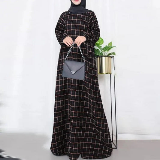 Women's Plaid Crewneck Modest Dress - Black