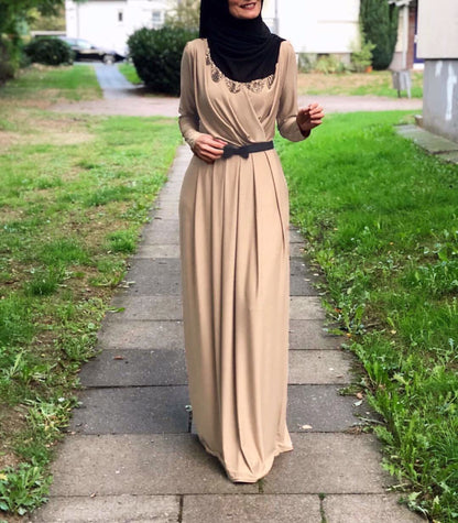 Women's V-neck Tie-up Pleated Abaya