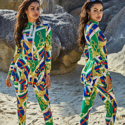 Trendy One-Piece Printed Turtleneck Long-Sleeved Burkini Swimsuit