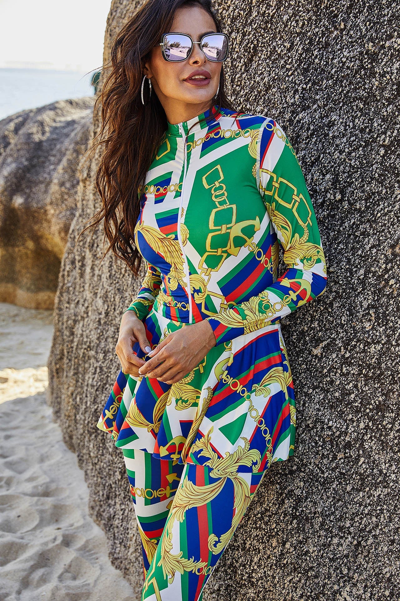 Trendy One-Piece Printed Turtleneck Long-Sleeved Burkini Swimsuit