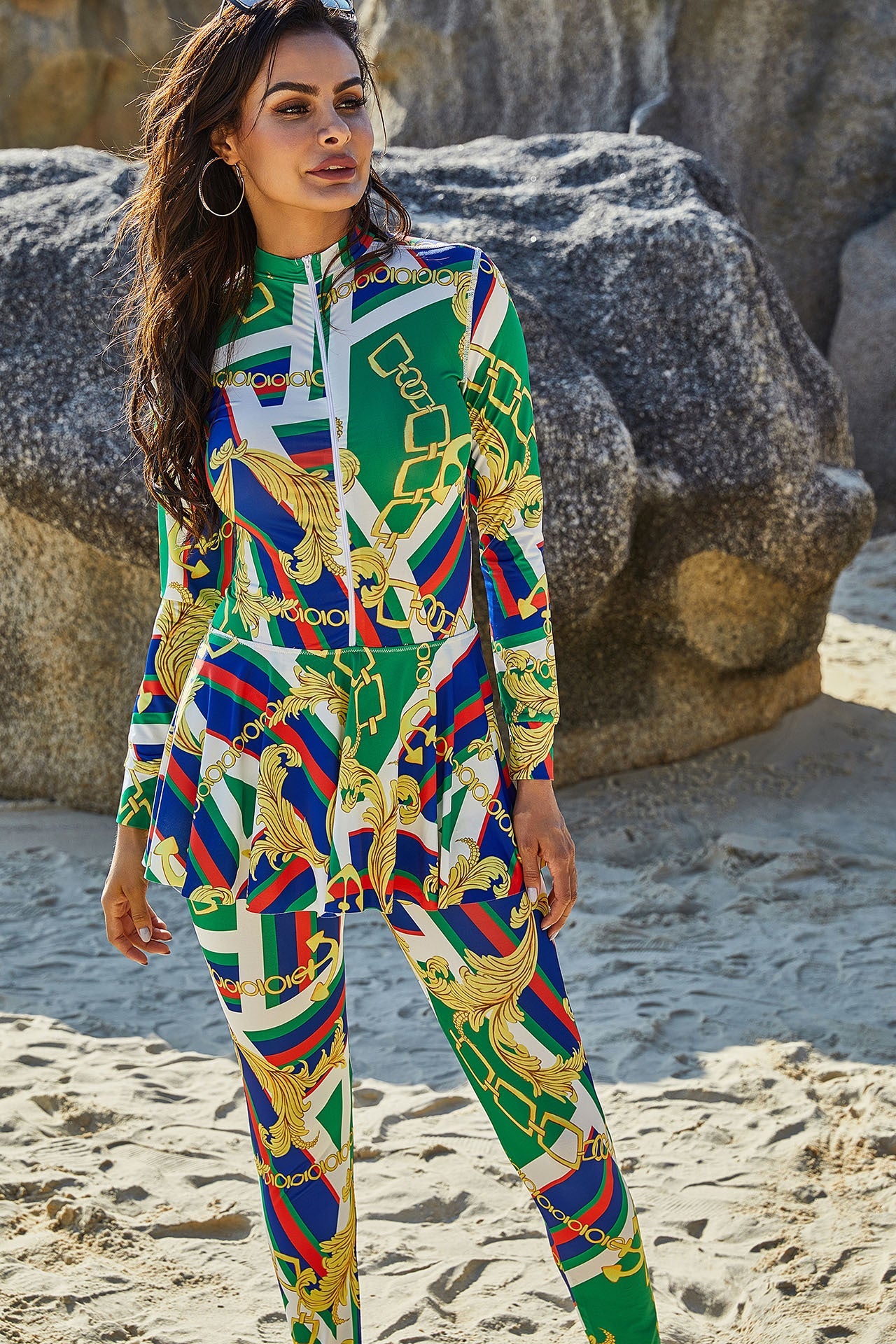 Trendy One-Piece Printed Turtleneck Long-Sleeved Burkini Swimsuit