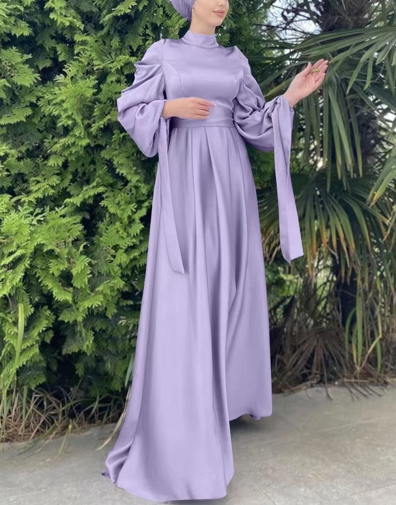 Modest Plain Satin Stripes Sleeve Abaya Dress - Purple