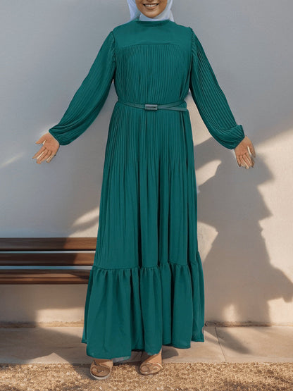 Muslim Black Green Pleated Abaya Dress