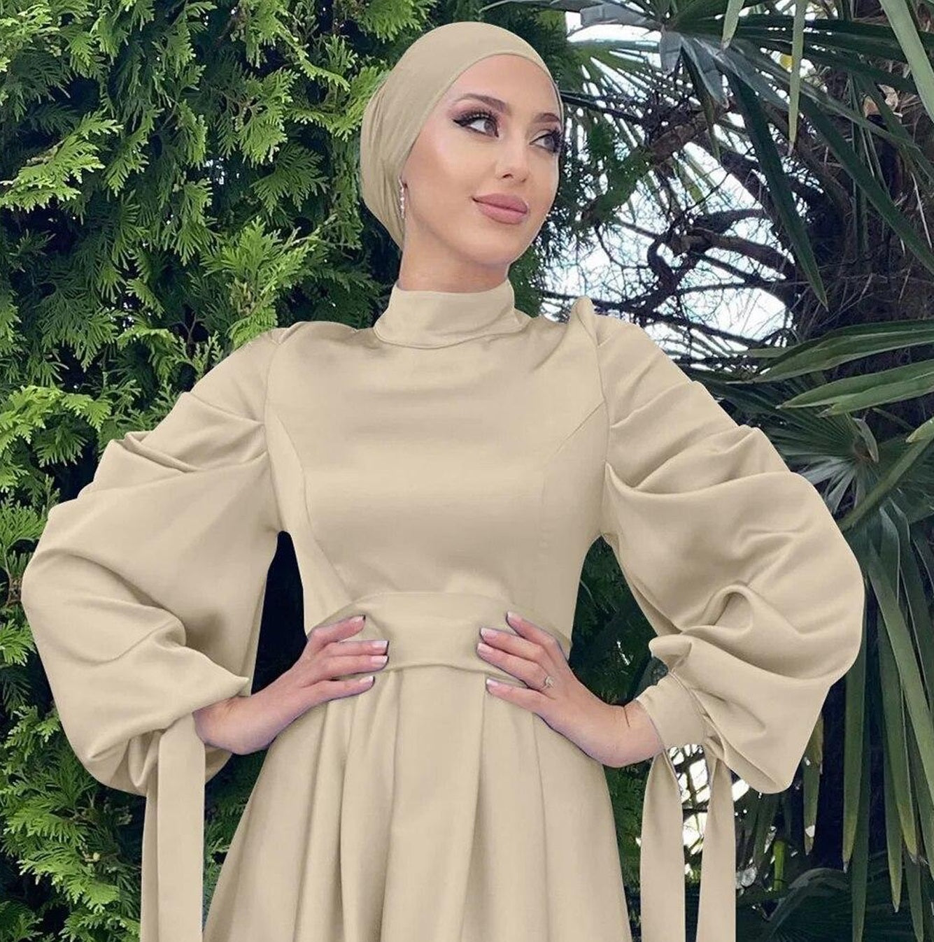 Modest Plain Satin Stripes Sleeve Abaya Dress - Apricot