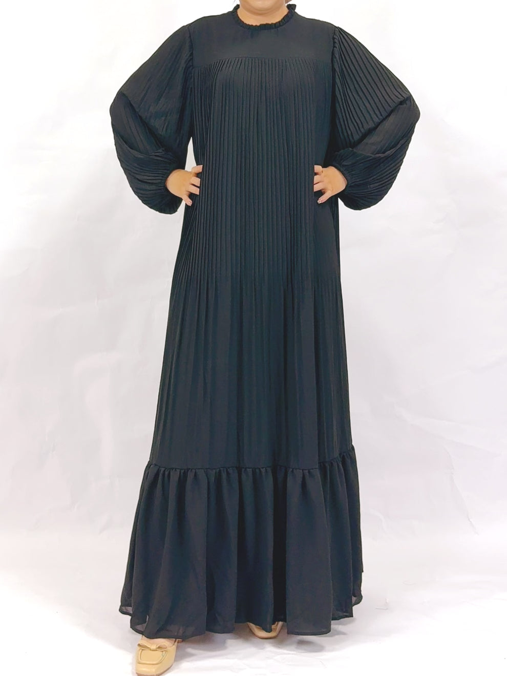 Muslim Black Green Pleated Abaya Dress