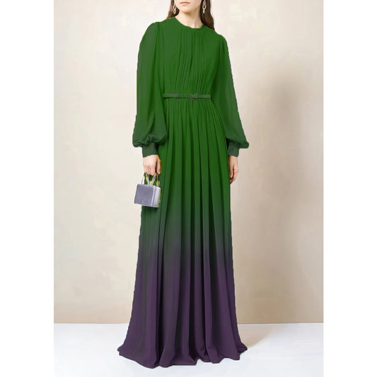 Gradient Chiffon Belted Abaya Dress - Moss Green