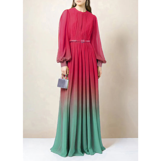 Gradient Chiffon Belted Abaya Dress - Red