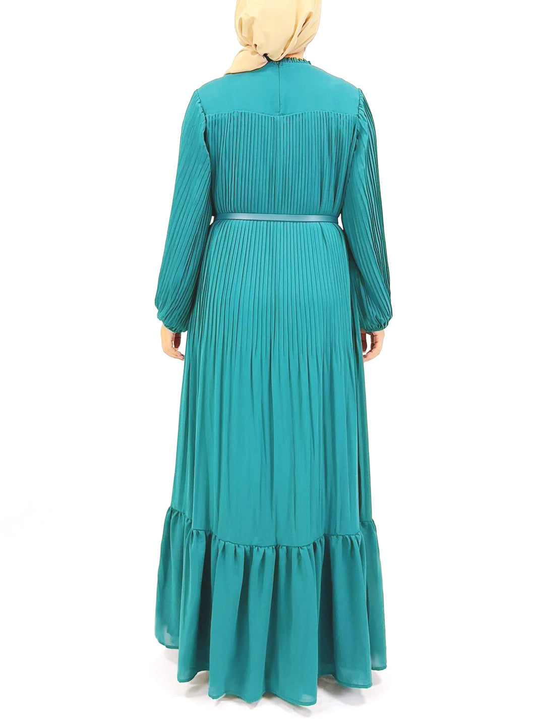 Muslim Black Green Pleated Abaya Dress