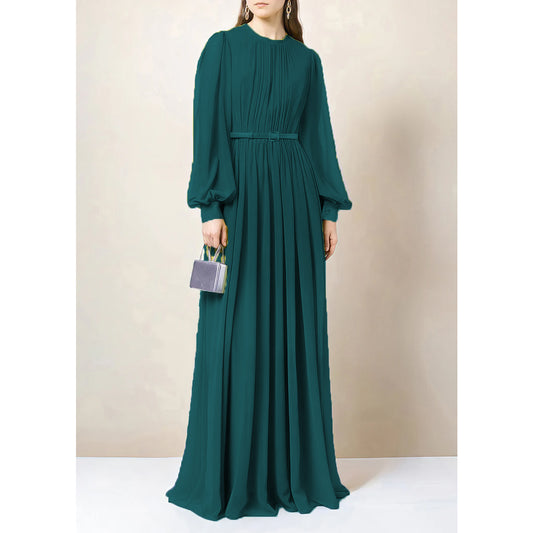 Solid Chiffon Belted Abaya Dress - Moss Green