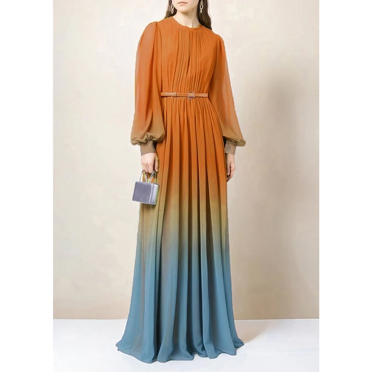 Gradient Chiffon Belted Abaya Dress - Orange