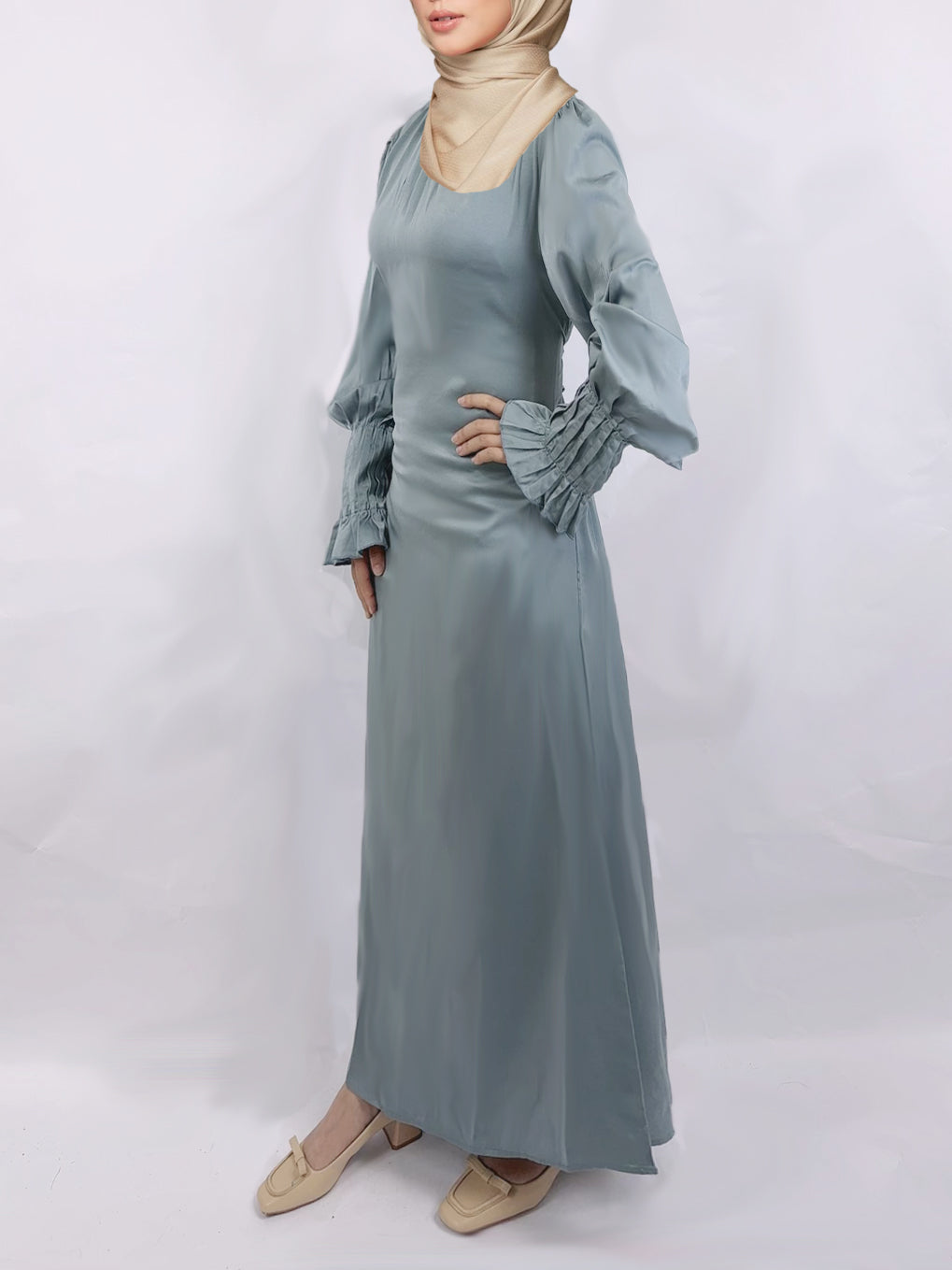 Modest Plain Satin Tie-neck Pleated Maxi Dress