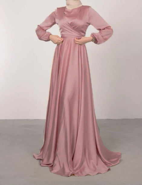 Satin Abaya Crossed Belted Evening Dress - Pink