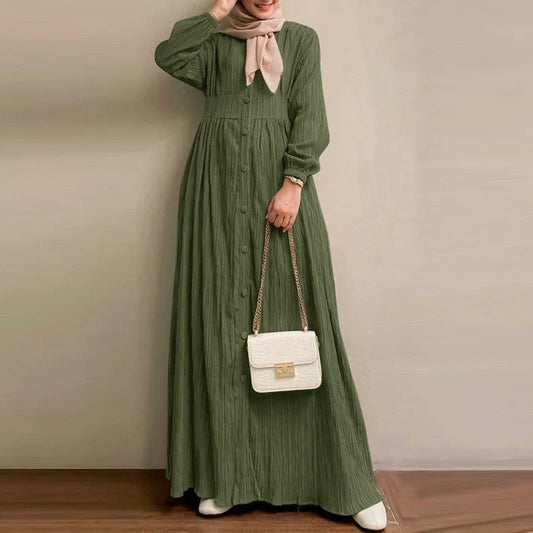 Women's Vintage Long-Sleeve Plain Modest Dress - Olive