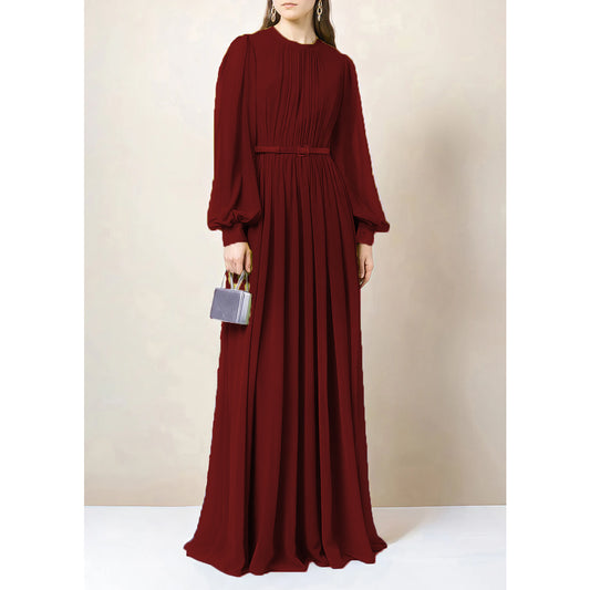 Solid Chiffon Belted Abaya Dress - Maroon