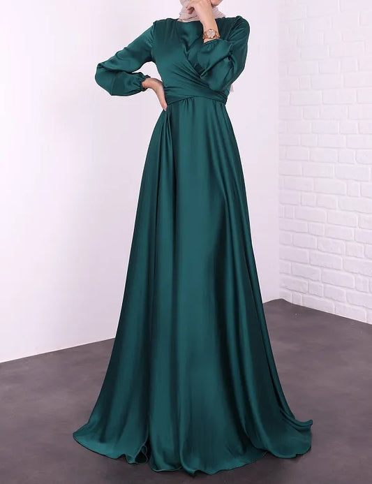 Satin Abaya Crossed Belted Evening Dress - Moss Green