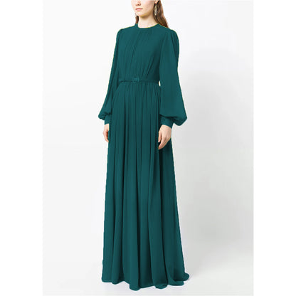 Solid Chiffon Belted Abaya Dress - Moss Green