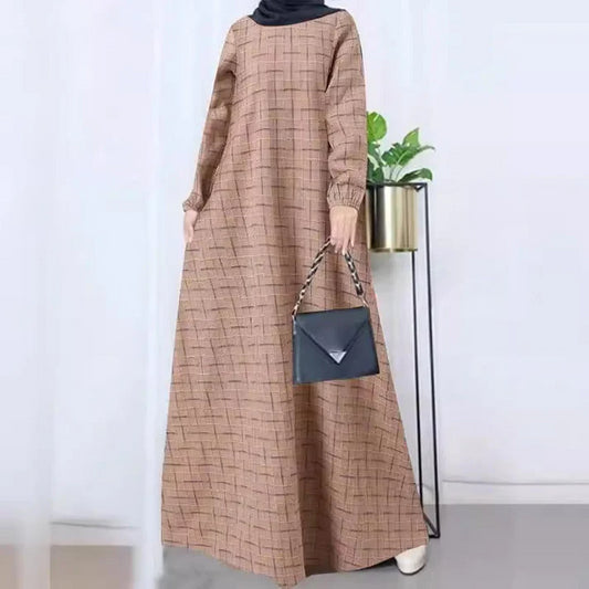 Women's Plaid Crewneck Modest Dress - Khaki