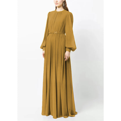 Solid Chiffon Belted Abaya Dress - Turmeric