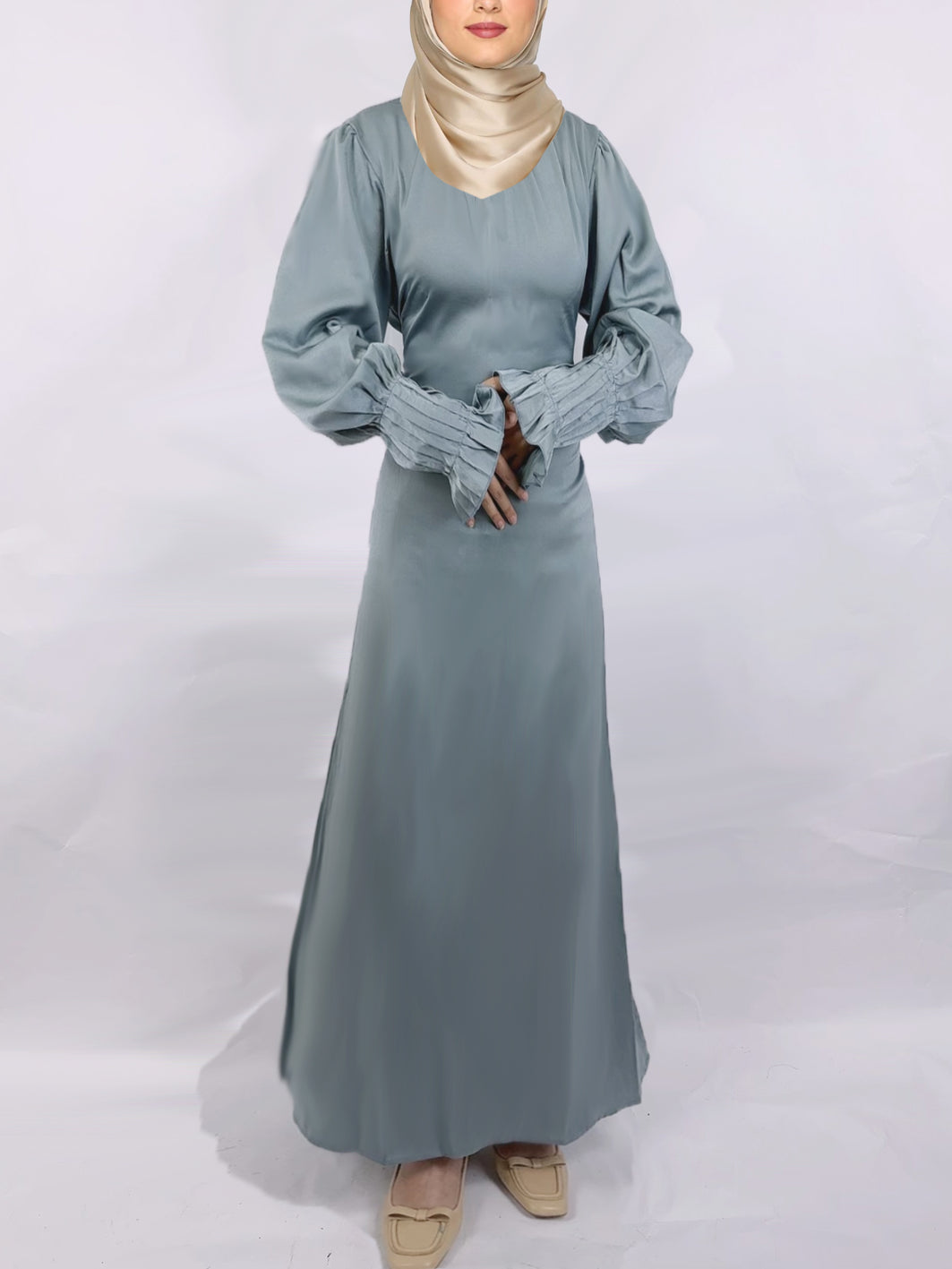 Modest Plain Satin Tie-neck Pleated Maxi Dress