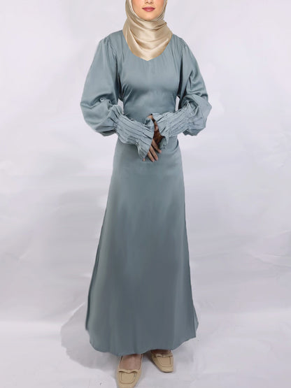 Modest Plain Satin Tie-neck Pleated Maxi Dress