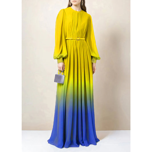 Gradient Chiffon Belted Abaya Dress - Turmeric