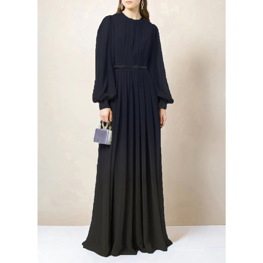 Solid Chiffon Belted Abaya Dress - Black