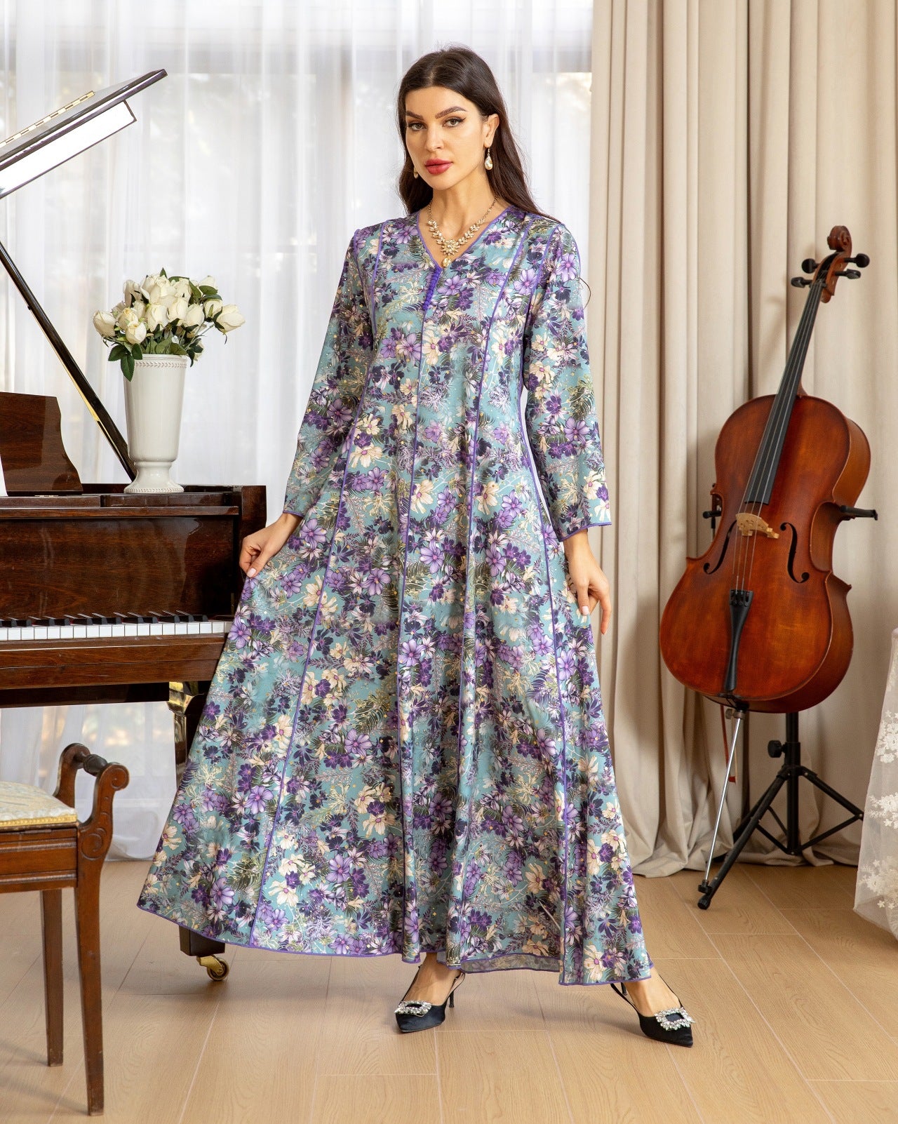 Elegant Floral Muslim Dress - Purple