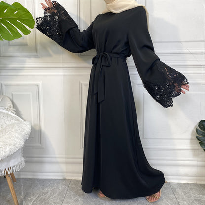 Modest Plain Floral Lace Zip-up Abaya Dress