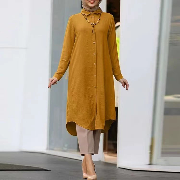 Women's Lapel Button Shirt Sleeve Modest Dress