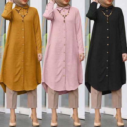 Women's Lapel Button Shirt Sleeve Modest Dress