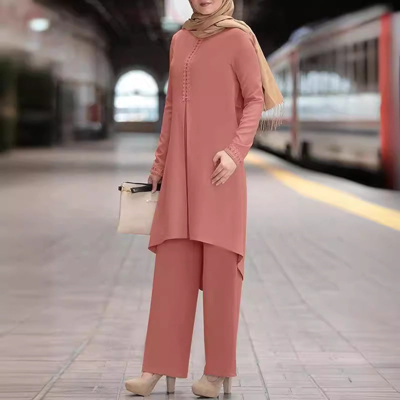 Women Plain Lace Blouse Pants Two-piece Suits Set