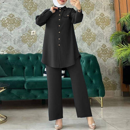 Plain Long-sleeved Shirt Trousers Two-piece Set