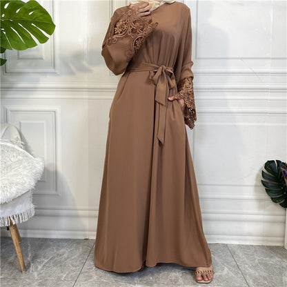 Modest Plain Floral Lace Zip-up Abaya Dress