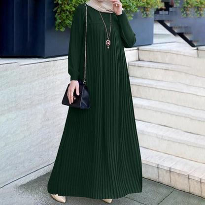 Women's Solid Color Crew Neck Long Sleeve Pleated Dress