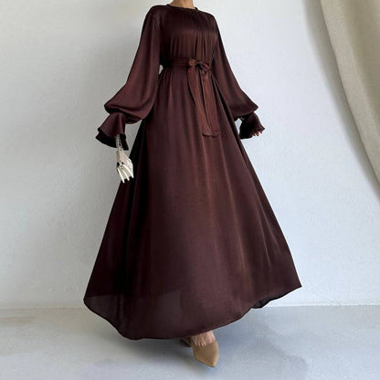 Women's Satin Waist Tie Elegant Abaya Dress