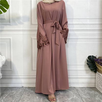 Modest Plain Floral Lace Zip-up Abaya Dress