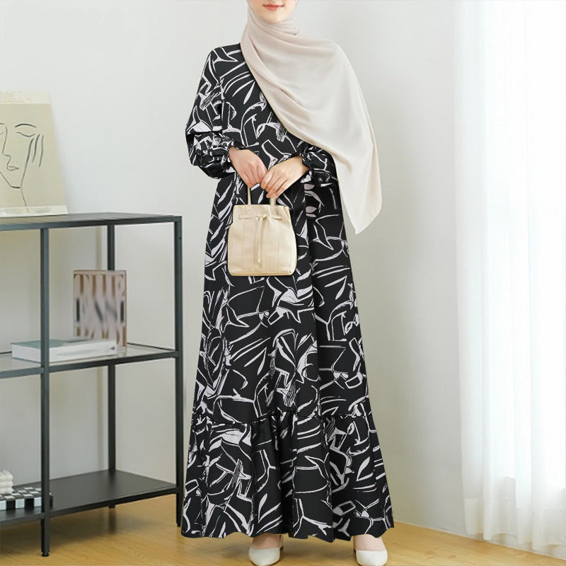 Women's Geometric Print Ruffle Abaya Dress