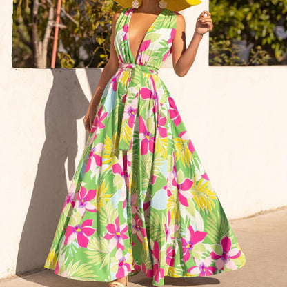 V-neck Floral High Waist Split Dress