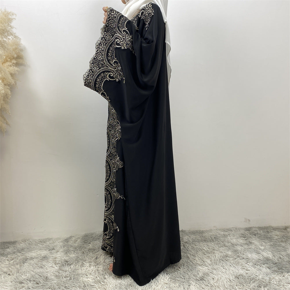 Lace Patchwork Batwing Sleeve Robe Open Abaya