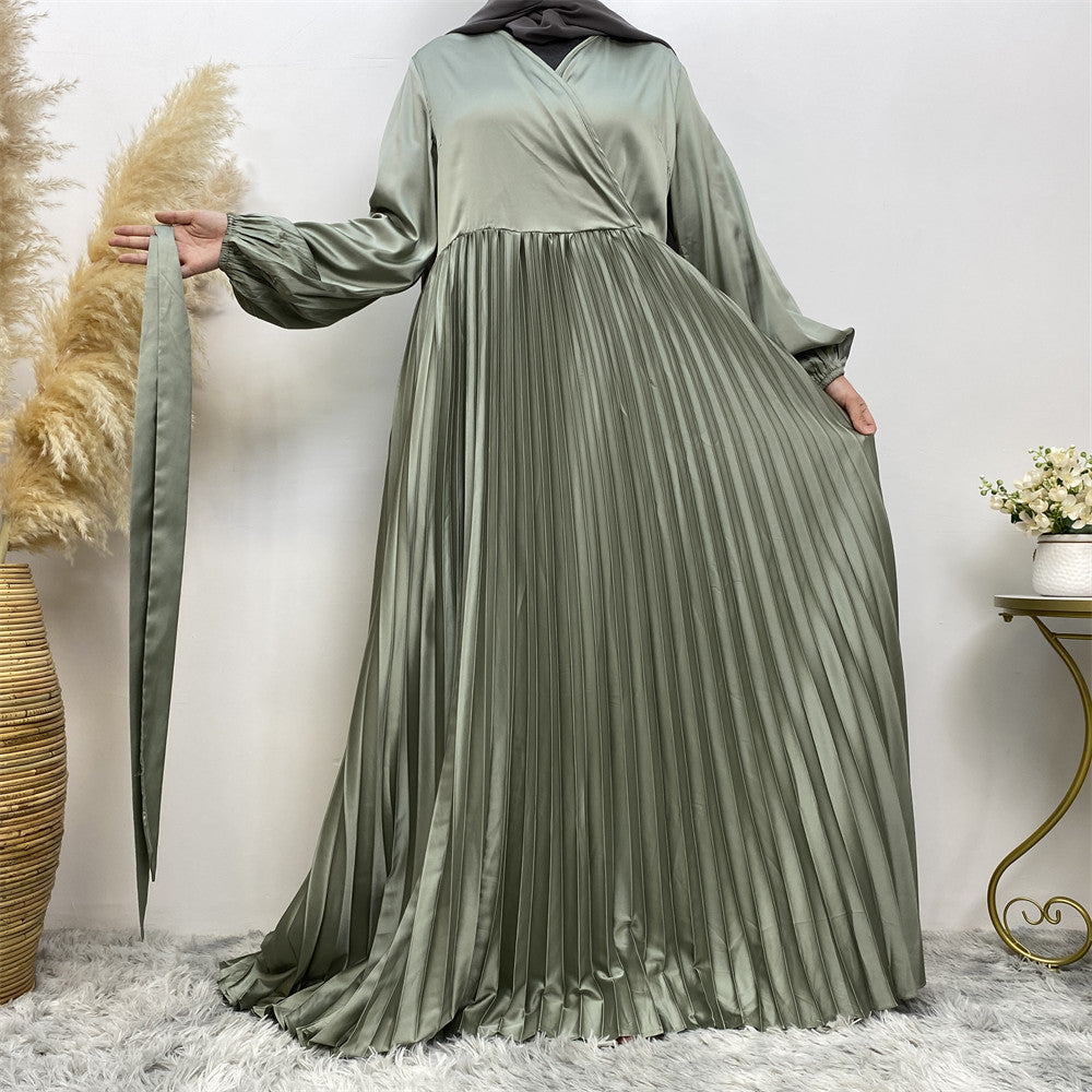 Modest V-neck Patchwork Pleated Long Dress