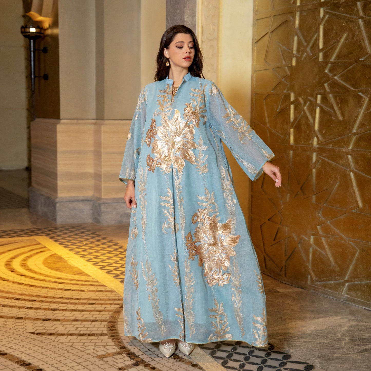 Luxury Gold Emboridered Patchwork Evening Dress - SkyBlue