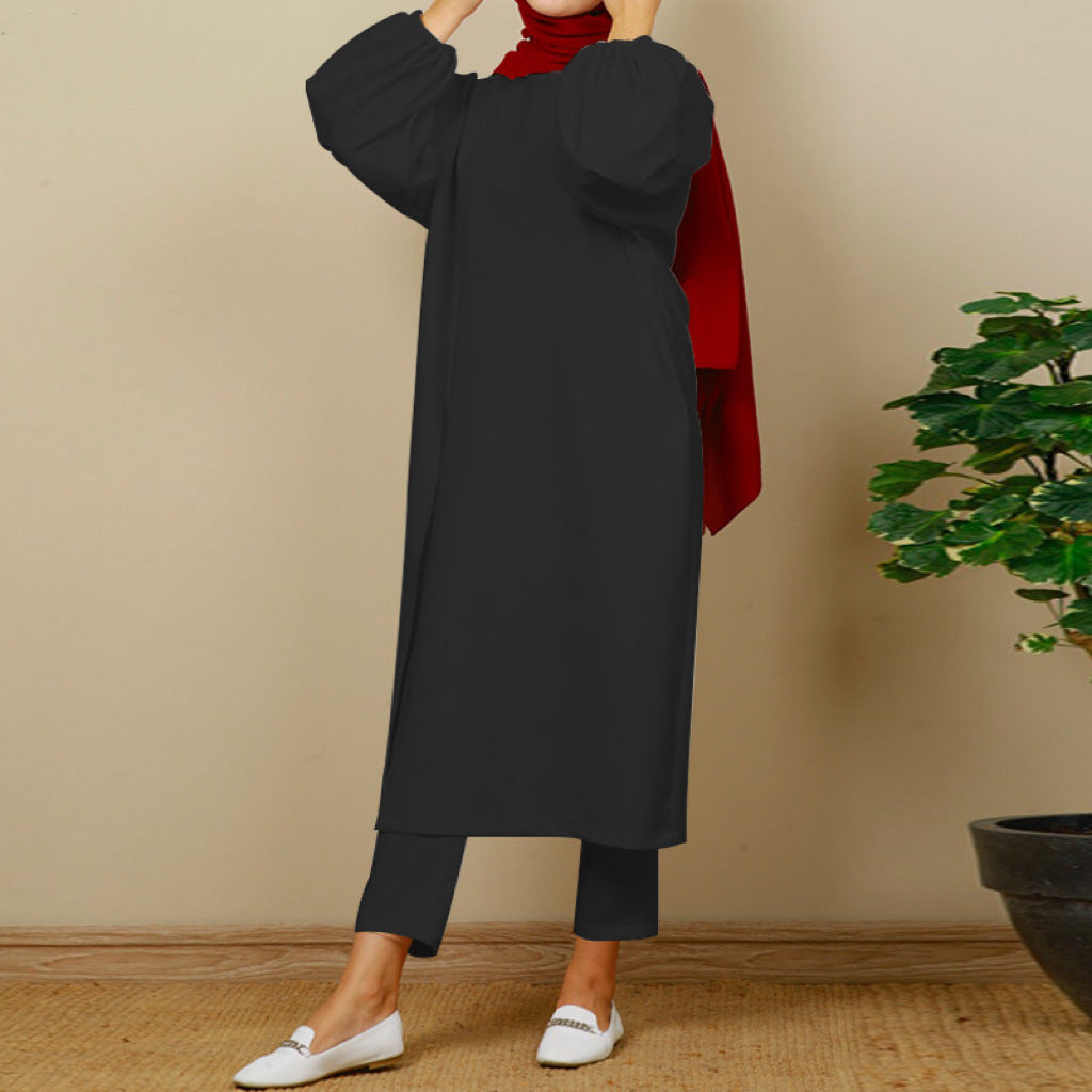 Plain Long-sleeved Crewneck Trouser Sets