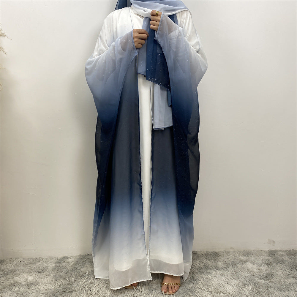 Gradient Bat Sleeve Robe Dress Sets with Hijab