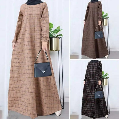 Women's Plaid Crewneck Modest Dress