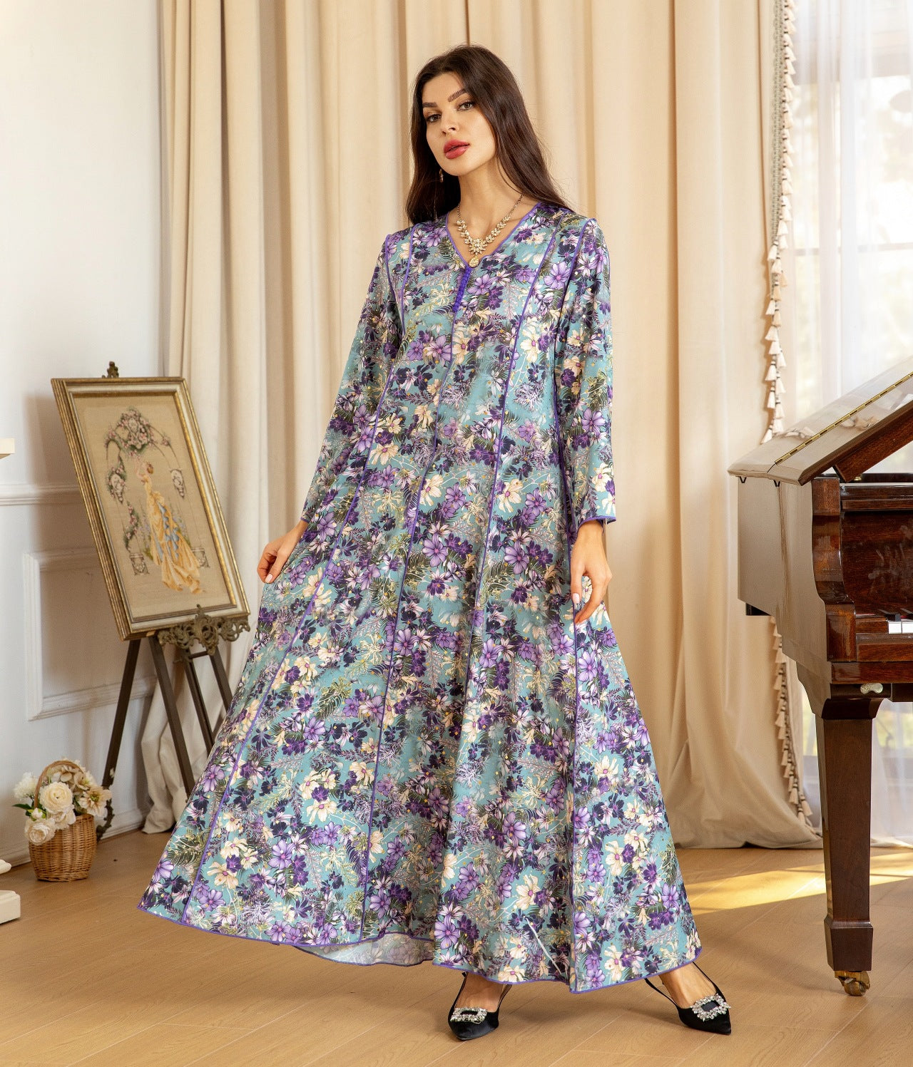 Elegant Floral Muslim Dress - Purple